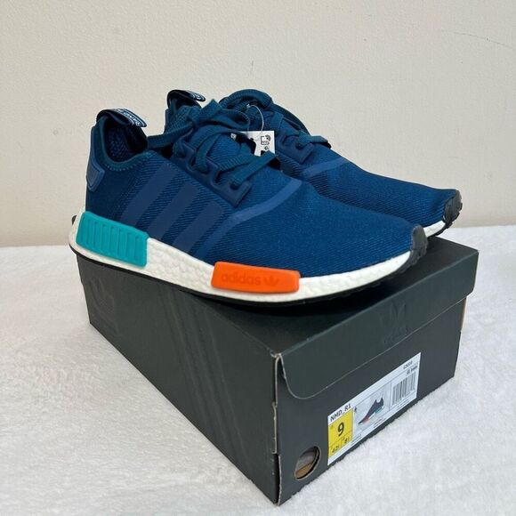 Adidas NMD R1 Blue Night Energy Orange Sneakers 9 Men NEW - Picture 1 of 9